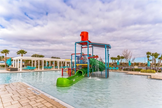 view of playground with pool water feature