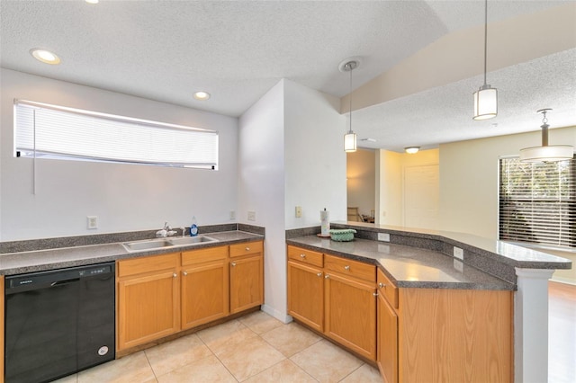 kitchen featuring hanging light fixtures, black dishwasher, kitchen peninsula, and sink