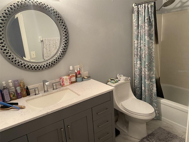 full bathroom with toilet, vanity, and shower / bath combination with curtain