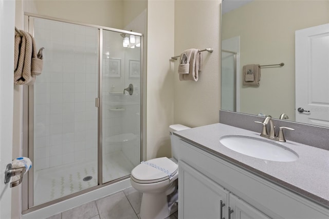 bathroom with walk in shower, toilet, vanity, and tile flooring