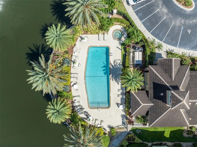 drone / aerial view with a water view