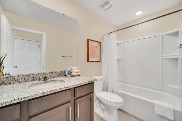 full bathroom with shower / tub combo, toilet, tile flooring, and vanity