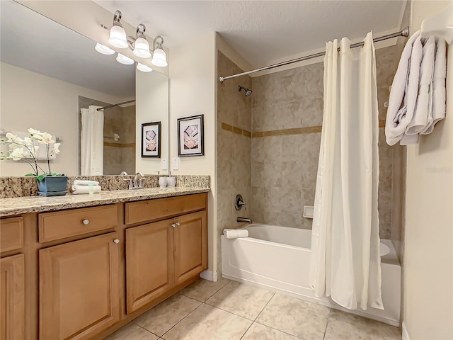 bathroom with tile floors, large vanity, and shower / bathtub combination with curtain