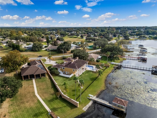 drone / aerial view featuring a water view