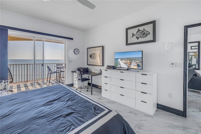 bedroom with marble finish floor, baseboards, access to exterior, and ceiling fan