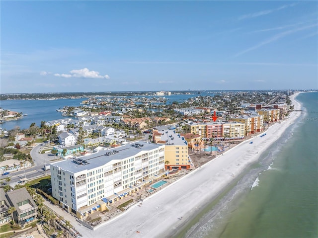 bird's eye view featuring a beach view, a water view, and a city view