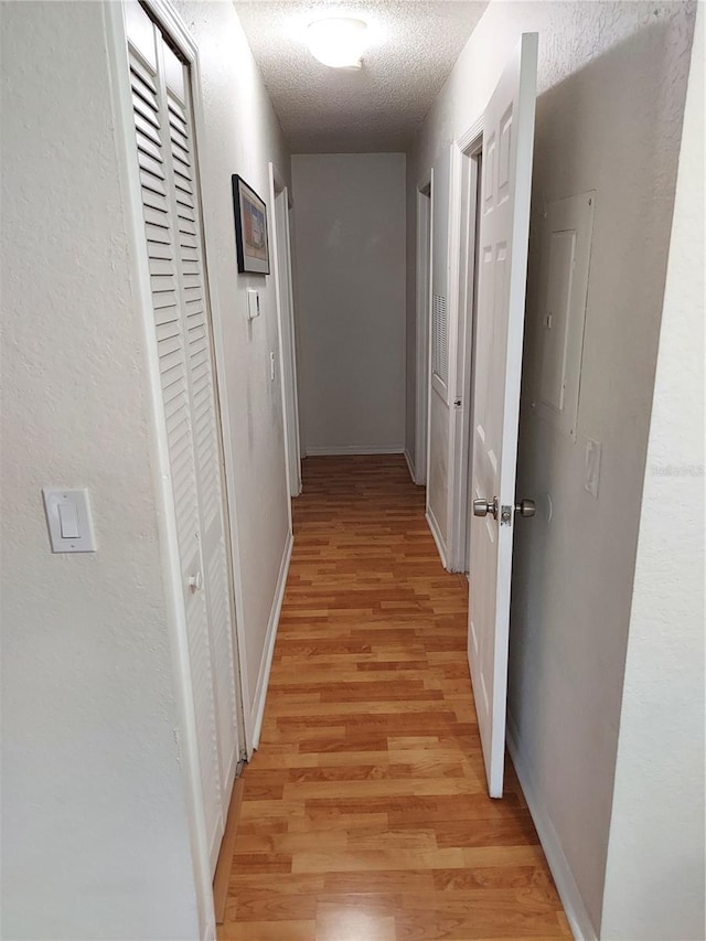 hall featuring a textured ceiling and light wood-type flooring