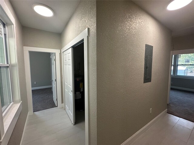 hallway featuring light colored carpet