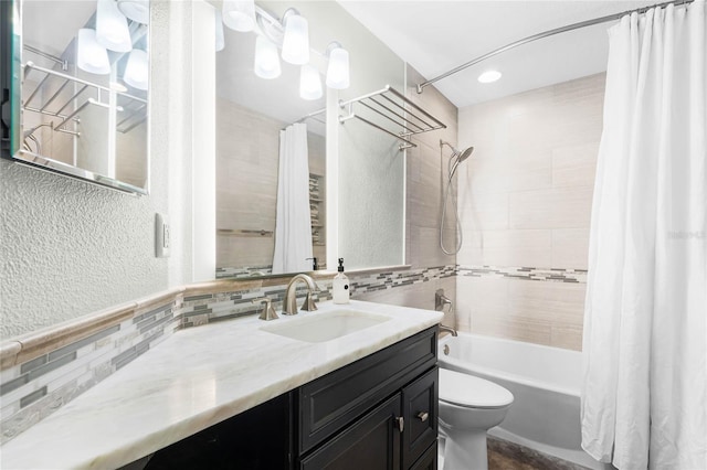 full bathroom with vanity, toilet, shower / bath combination with curtain, and decorative backsplash