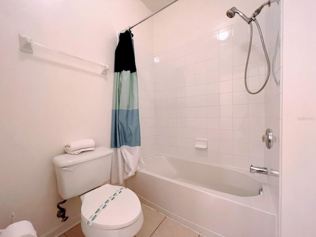 bathroom with toilet, shower / bathtub combination with curtain, and tile patterned flooring