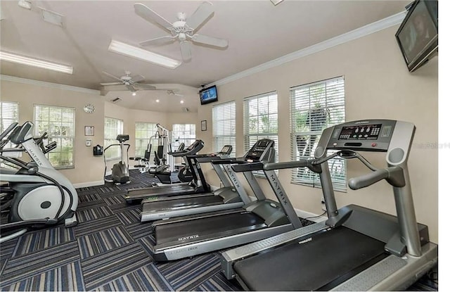 exercise room featuring crown molding and ceiling fan