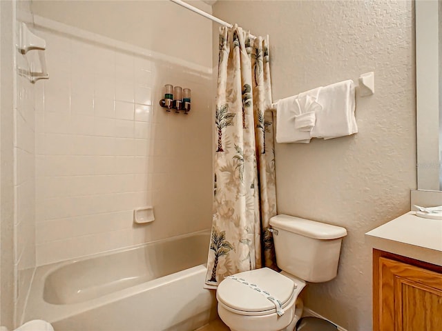 full bathroom with toilet, shower / tub combo, and vanity