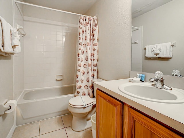 full bathroom featuring shower / tub combo, toilet, tile floors, and vanity