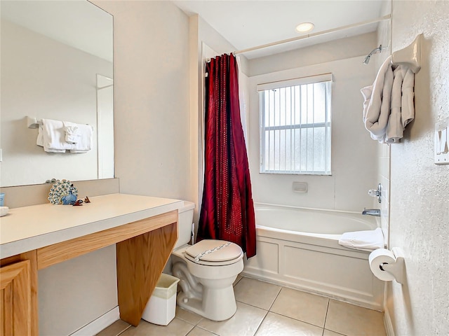 full bathroom featuring vanity, tile flooring, shower / bath combo, and toilet