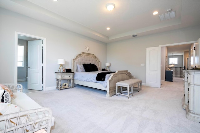 carpeted bedroom featuring a raised ceiling