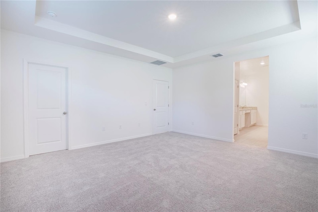 empty room featuring a tray ceiling and light colored carpet