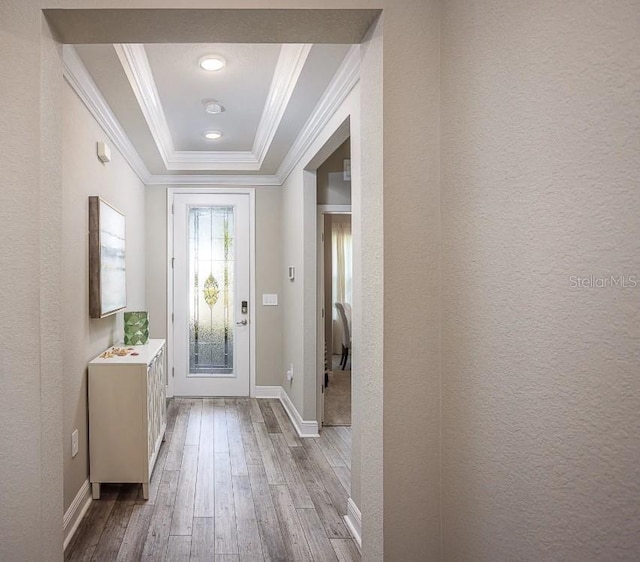 doorway to outside with ornamental molding, a raised ceiling, and light hardwood / wood-style floors