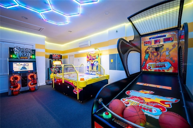 playroom featuring a wall unit AC and carpet flooring