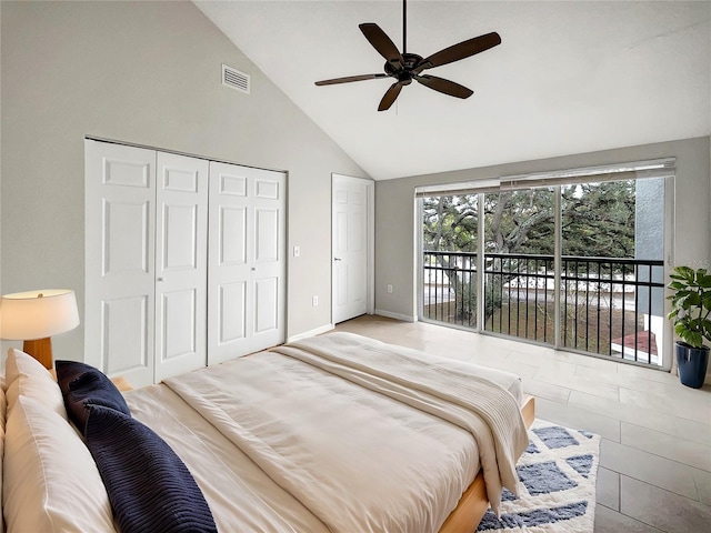 bedroom with visible vents, high vaulted ceiling, a ceiling fan, baseboards, and access to exterior