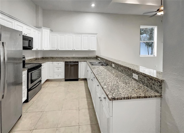 kitchen featuring white cabinetry, a peninsula, appliances with stainless steel finishes, and a sink