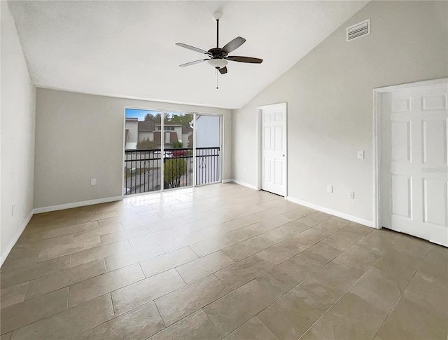 tiled empty room with visible vents, baseboards, and ceiling fan