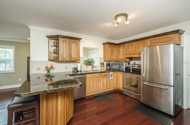 kitchen with dark hardwood / wood-style floors, backsplash, stainless steel appliances, and kitchen peninsula