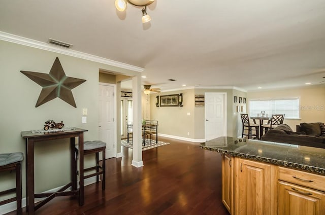 kitchen with ceiling fan, crown molding, and dark wood-type flooring