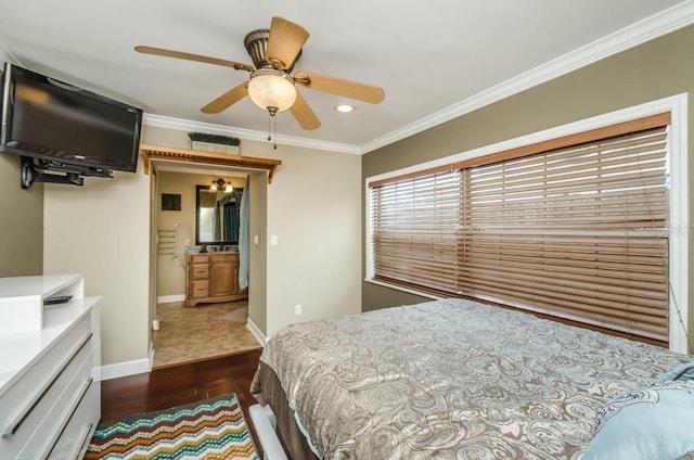 bedroom with ensuite bathroom, ornamental molding, ceiling fan, and dark hardwood / wood-style flooring