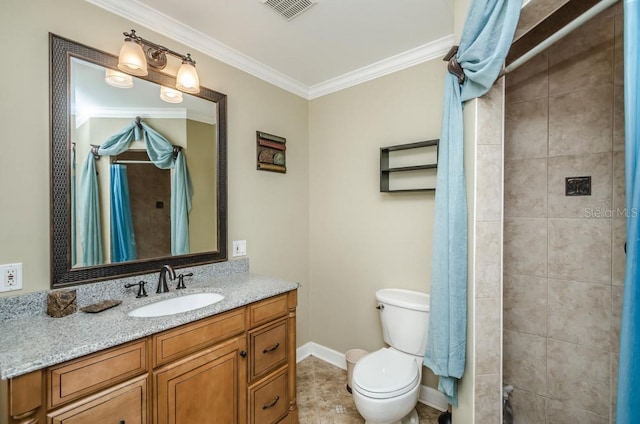 bathroom featuring toilet, ornamental molding, and vanity