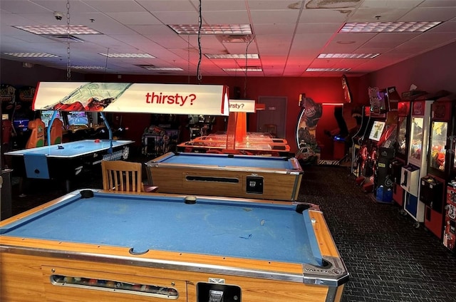 recreation room featuring pool table and a paneled ceiling