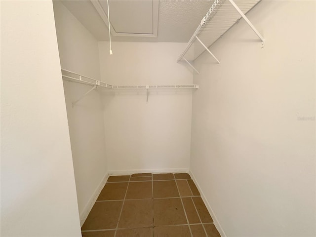 walk in closet featuring dark tile patterned flooring