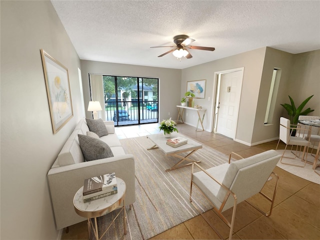 living room featuring tile patterned floors, ceiling fan, and a textured ceiling