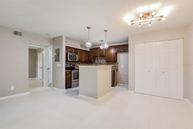 kitchen with stainless steel appliances, tasteful backsplash, electric panel, decorative light fixtures, and a kitchen island