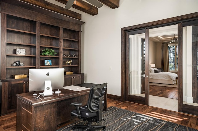 office space featuring beamed ceiling, french doors, ceiling fan, and dark hardwood / wood-style flooring