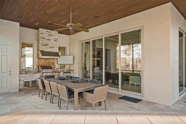 dining space featuring ceiling fan and wooden ceiling