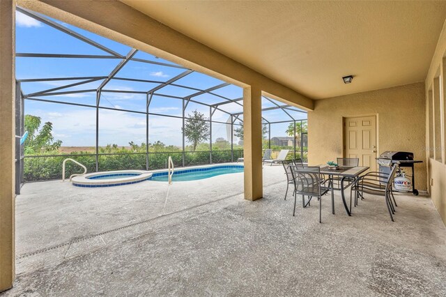 view of patio / terrace featuring a pool with hot tub, glass enclosure, and a grill