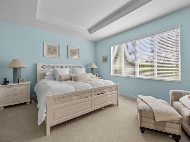 bedroom with a raised ceiling and light carpet