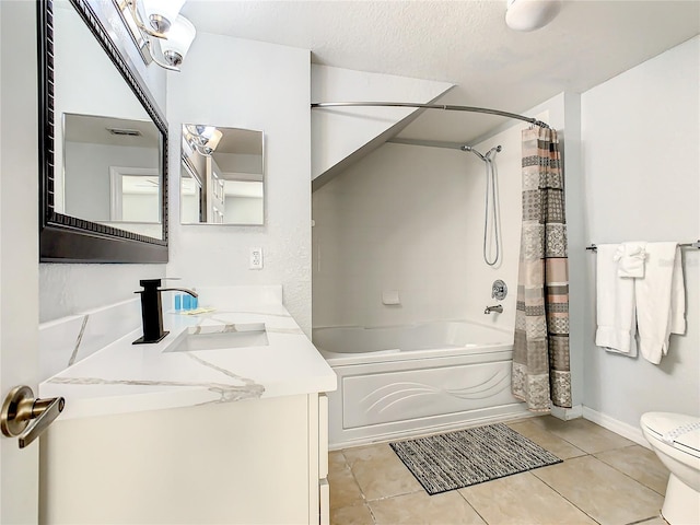 full bathroom with tile patterned flooring, shower / bath combination with curtain, a textured ceiling, toilet, and vanity