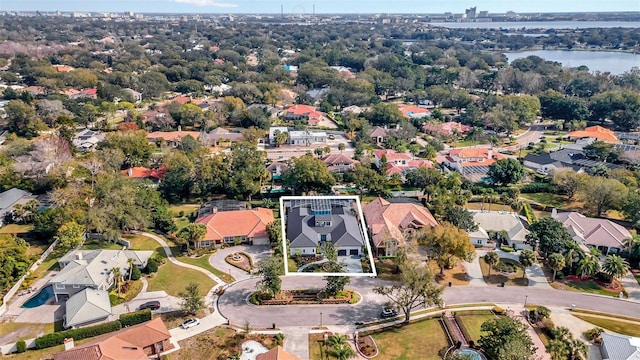 bird's eye view with a water view