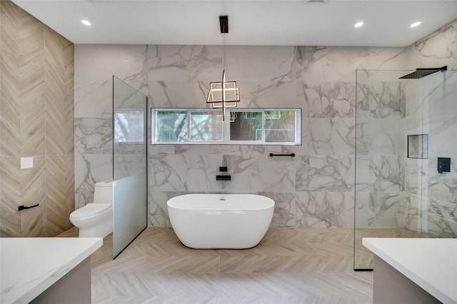 full bathroom featuring tile walls, vanity, plus walk in shower, parquet floors, and toilet