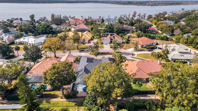 drone / aerial view featuring a water view