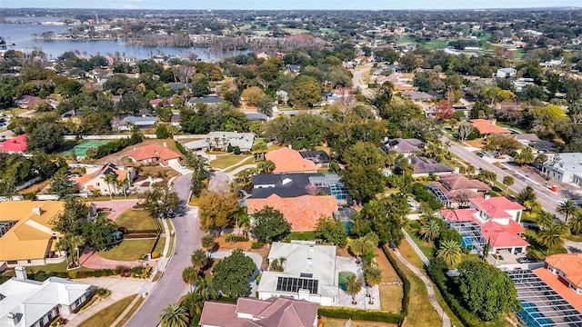 drone / aerial view with a water view