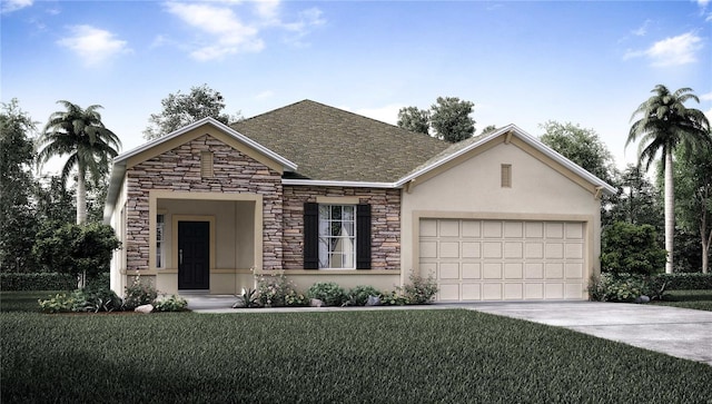 ranch-style home featuring a garage and a front yard