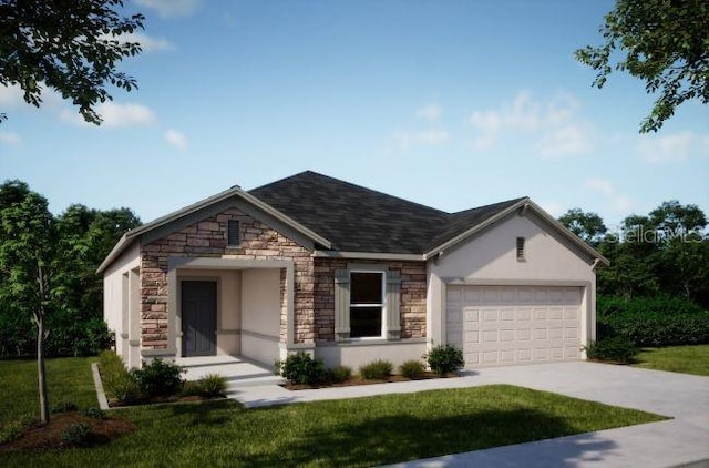 single story home featuring a garage and a front yard