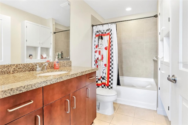 full bathroom with vanity, shower / bathtub combination with curtain, tile patterned floors, and toilet