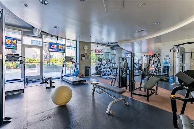 gym with floor to ceiling windows