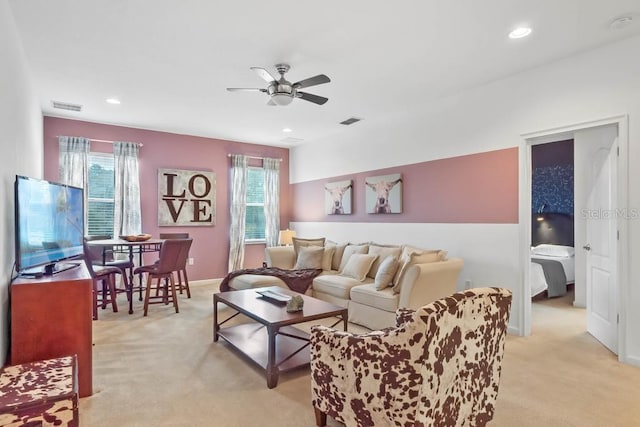 5220 Oakbourne Ave, Davenport, FL 33837 - living area featuring light colored carpet, ceiling fan, and recessed lighting