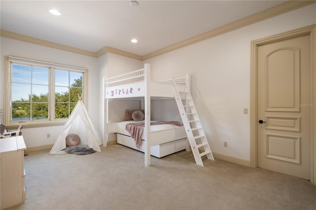 bedroom with light carpet and ornamental molding