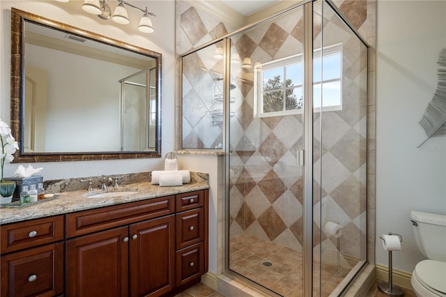 bathroom with vanity, toilet, and a shower with shower door