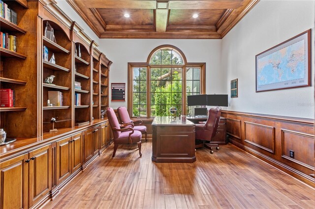 office space with ornamental molding, wood ceiling, coffered ceiling, and hardwood / wood-style flooring